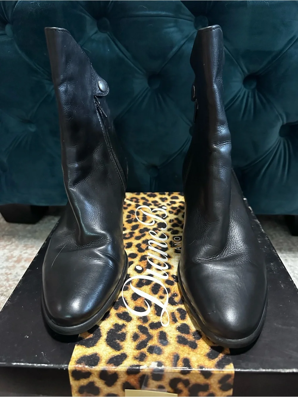 Diane B Classic Black Leather Ankle Boots with Side Zipper and Snap Closure